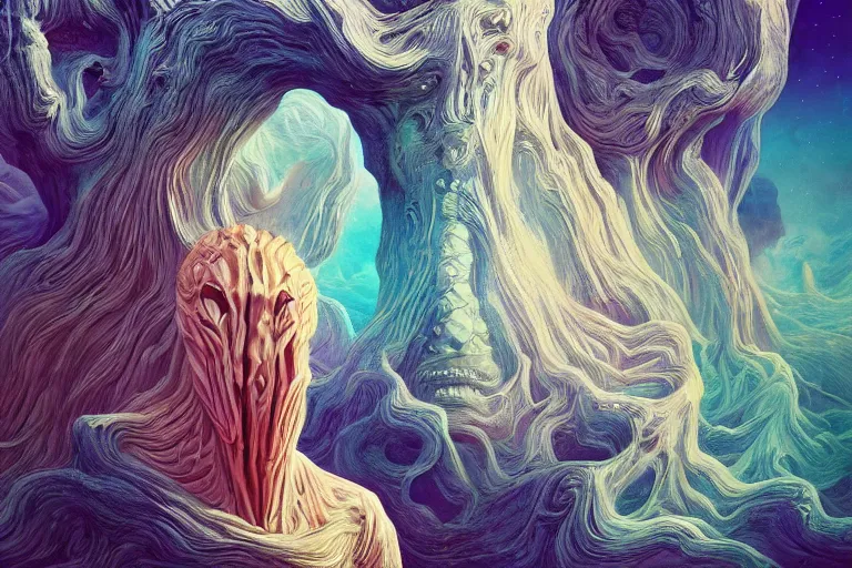 Image similar to surreal Portrait of The God who made the world and everything in it who is the Lord of heaven and earth and does not live in temples built by hands in dmt chromatic surreal liquid enviroment , elegant, highly detailed, smooth, photoreal, sharp focus, illustration, beautiful, geometric, dmt trending on artstation, cinematic, artwork by WLOP