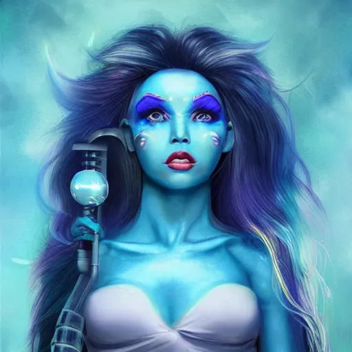 Prompt: Glam hair, 80s hair, Elf girl with blue skin, alien skin, blue elf, blue, blue-skinned elf, green hair, hairspray, big hair, wild hair, glam make-up, 80s, illustration, fantasy art, trending on ArtStation, 1980s fantasy art