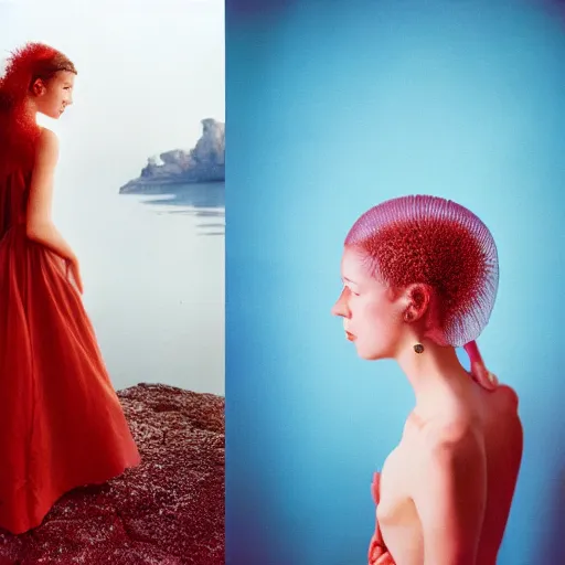 Image similar to Fashion photography of a woman wearing a dress inspired by a jellyfish, from behind, artistic photography, insanely detailed, chiaroscuro, cinestill 800t, Vogue magazine