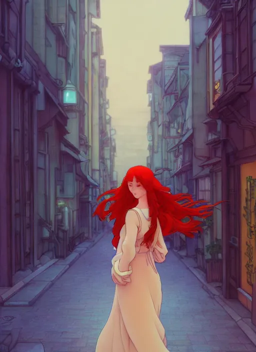 Image similar to pretty young woman with long red hair walking down a city street at night, path traced, highly detailed, high quality, digital painting, by studio ghibli and alphonse mucha, leesha hannigan, makoto shinkai, disney