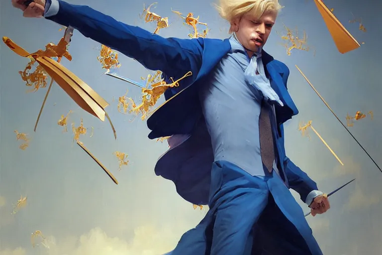 Image similar to a blond man in a blue suit attacked by flying swords, organic painting, sunny day, matte painting, bold shapes, hard edges, street art, trending on artstation, by huang guangjian, gil elvgren, ruan jia, randy vargas, greg rutkowski