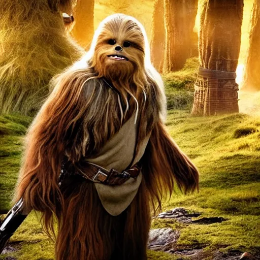 Prompt: promotional image of Chewbacca as Bilbo Baggins in The Hobbit: An Unexpected Journey (2012) directed by Peter Jackson, movie still, promotional image, imax 70 mm footage