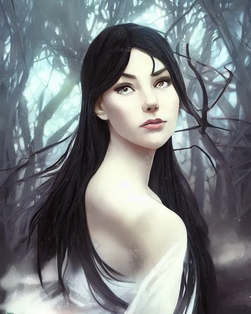 Image similar to elsa portrait, winter, somber, sad, black dress, low light, foggy at dawn, sunlight visible through tree leaves, misty, magic, atmospheric art by artgerm and greg rutkowski and alphonse mucha and by artgerm, by studio muti, greg rutkowski makoto shinkai takashi takeuchi,