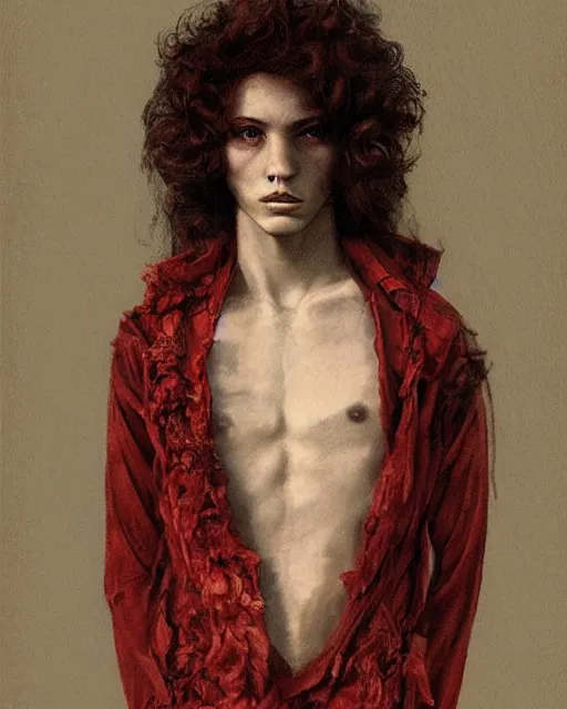 Prompt: a beautiful but sinister young man in layers of fear, with haunted eyes and curly hair, 1 9 7 0 s, seventies, delicate embellishments, a little blood, crimson, painterly, offset printing technique, mary jane ansell