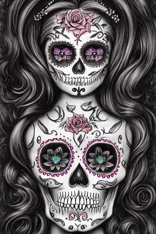 Prompt: Illustration of a sugar skull day of the dead girl, art by Ed Binkley