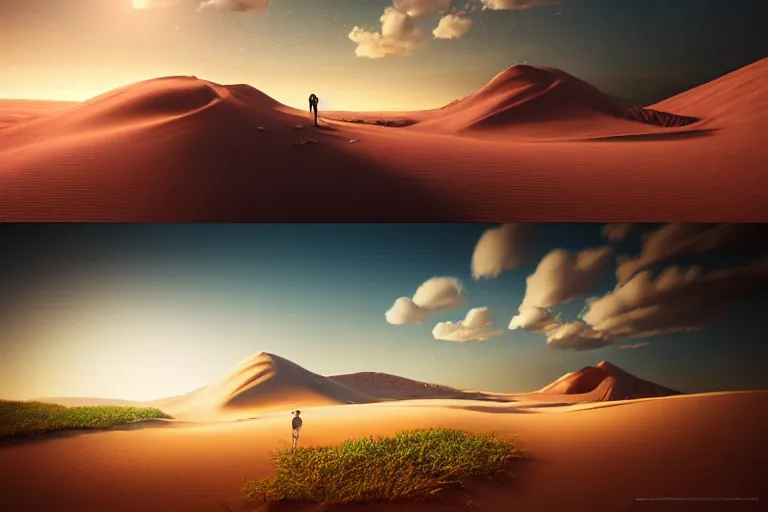 Image similar to beautiful dreamy landscape, dream, colors, dramatic, mid day, sand dune background, large scale, hyperrealistic, lots of detail, realistic lighting, octane render, by wlop, artgerm, trending on artstation