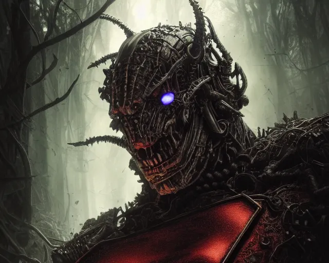 Image similar to 5 5 mm close up portrait photo of an armored biomechanical demonic superman looking at the camera, in a magical forest. dark atmosphere. art by greg rutkowski and luis royo. highly detailed 8 k. intricate. lifelike. soft light. nikon d 8 5 0.