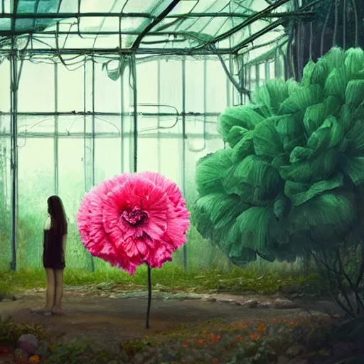 Prompt: giant carnation flower head, woman standing in greenhouse, surreal photography, dramatic light, impressionist painting, digital painting, artstation, simon stalenhag