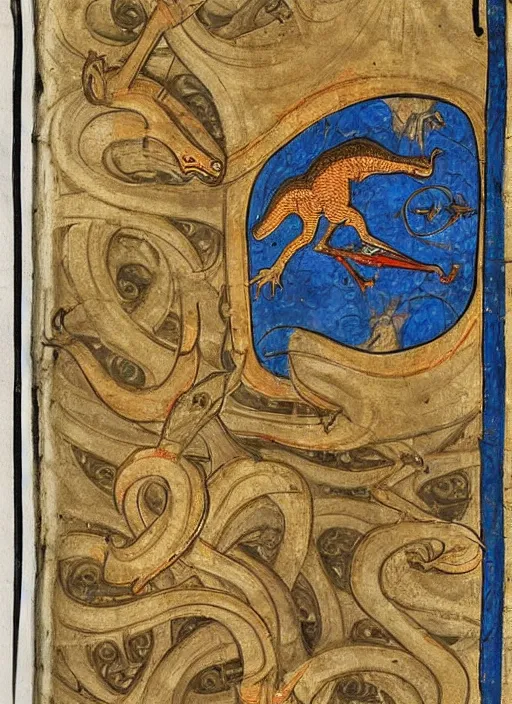 Prompt: a gilded page from an illuminated manuscript, depicting a dinosaur intertwined with the letter S, other dinosaurs along the bottom of the page, hand drawn, Master of Imola c. 1275, highly detailed