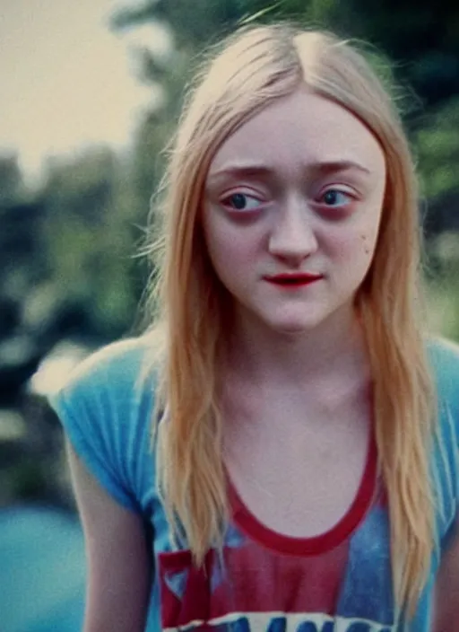 Prompt: aged film still taken of Dakota Fanning dressed in a Nirvana tank-top and blue short shorts while she thinks about her impending death amusingly. soft skin. smooth skin. soft feminine facial features. Pinterest filter. complex detail added after taking the film still at 16K resolution. amazingly epic visuals. epically luminous image. amazing lighting effect, image looks gorgeously crisp as far as it's visual fidelity goes, absolutely outstanding image. perfect film clarity. amazing film quality. iridescent image lighting. Criterion collection. gloriously cold atmosphere. mega-beautiful pencil image shadowing. beautiful face. 16k upscaled image. soft image shading. soft image texture. intensely beautiful image. large format picture. it's a great portrait of the highest quality. Great Pinterest photo. masterfully lit.