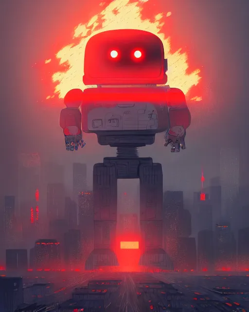 Image similar to giant robot with ominously glowing red eyes stands on top of city that is on fire, concept art, intricate details, highly detailed, in the style of pascal blanche