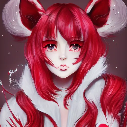 Image similar to kitsune woman nekomimi fancy haircut, full body, intrincate, red and white, glitter, depth of field, 8k, hyper detailed, realistic, trending on artstation