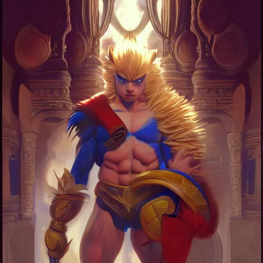 Prompt: sonic the hedgehog as a Greek god, gorgeous, amazing, muscular, fit, very muscular male body, intricate, highly detailed, digital painting, artstation, concept art, sharp focus, illustration, art by greg rutkowski and alphonse mucha