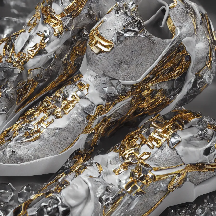 Image similar to futuristic balenciaga sneakers, nft art, highly detailed, hyper realistic, a ton of bussdown iced gold bling in wallace & gromit strata - cut claymation, ultra realistic, concept art, intricate details, serious, highly detailed, photorealistic, octane render, 8 k, unreal engine