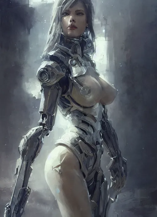 Prompt: beautiful painting by jeremy mann, a female paladin with mecha implants absurdly beautiful, elegant, ultrafine hyperrealistic detailed face illustration by wlop and artgerm and greg rutkowski, intricate linework, sharp focus, smooth, octopath traveler, final fantasy, unreal engine, dramatic lighting, ethereal, 8 k