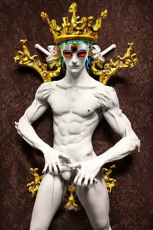 Image similar to full-body baroque and cyberpunk style neon and ceramic statue of a young attractive (slender muscular Spanish macho bem dotado) e rico android (((sim roupa))) reclining ((con pernas aberta e piroca dura)), glowing (white laser) eyes, prince crown of iridescent skulls, ruby, swirling gold-colored silk fabric. futuristic elements. full-length view. space robots. human skulls. intricate artwork by caravaggio. Trending on artstation, octane render, cinematic lighting from the right, hyper realism, octane render, 8k, depth of field, 3D