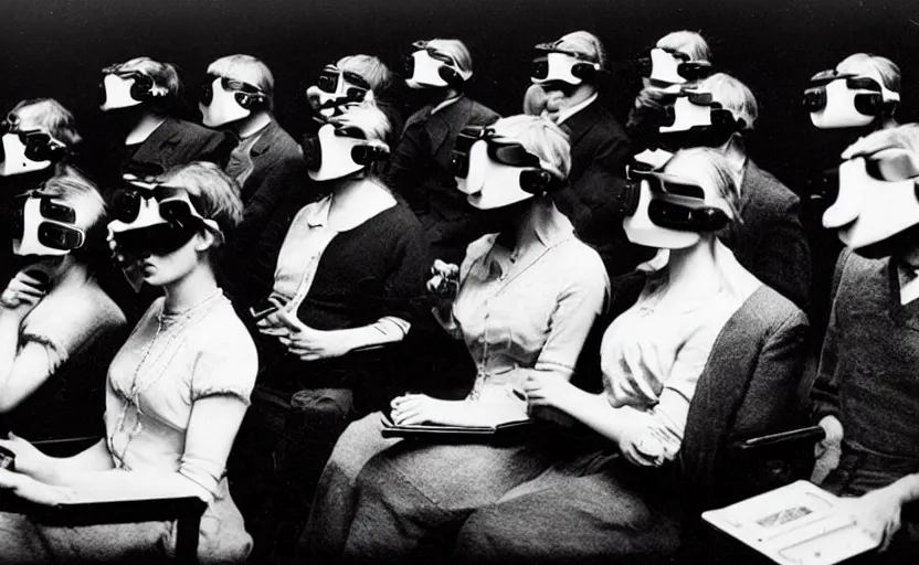 Image similar to 1 9 0 0 s photo of people using iphones ipods virtual reality headsets vr in a movie theater masterpiece