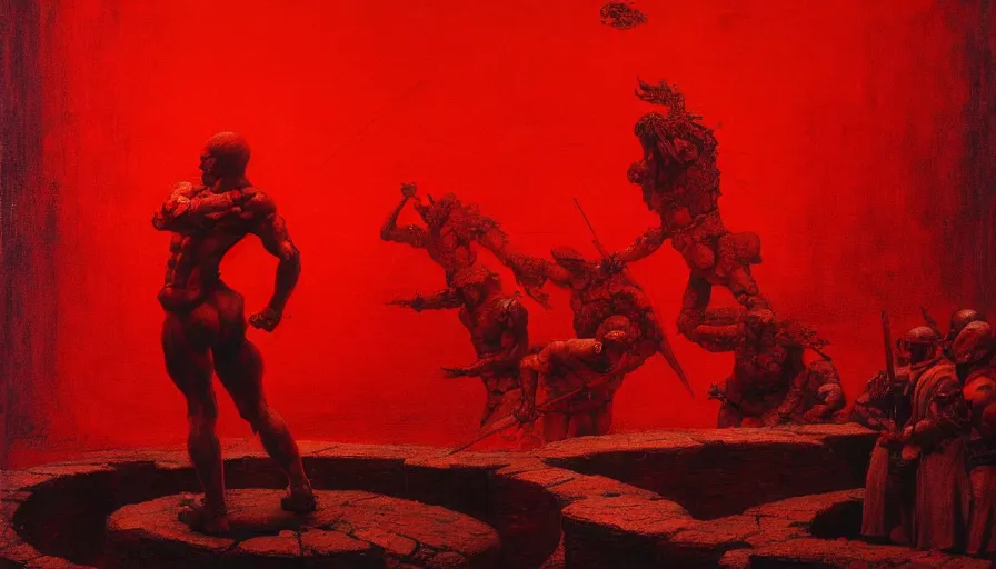 Image similar to only with red, a lightly armored gladiator in a crowded roman amphitheatre, crowd cheering, in the style of beksinski and edward hopper and rodcenko and yue minjun and artgerm, intricate and epic composition, red by caravaggio, highly detailed, masterpiece, red light, artstation, art nouveau