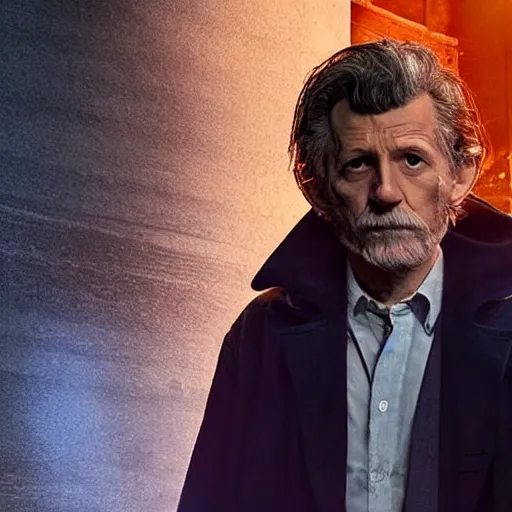 Image similar to tom holland as a rough dirty old man with a scruffy beard in a dark blue trenchcoat as the new doctor who, cinematic, volumetric lighting, f 8 aperture, cinematic eastman 5 3 8 4 film, photorealistic