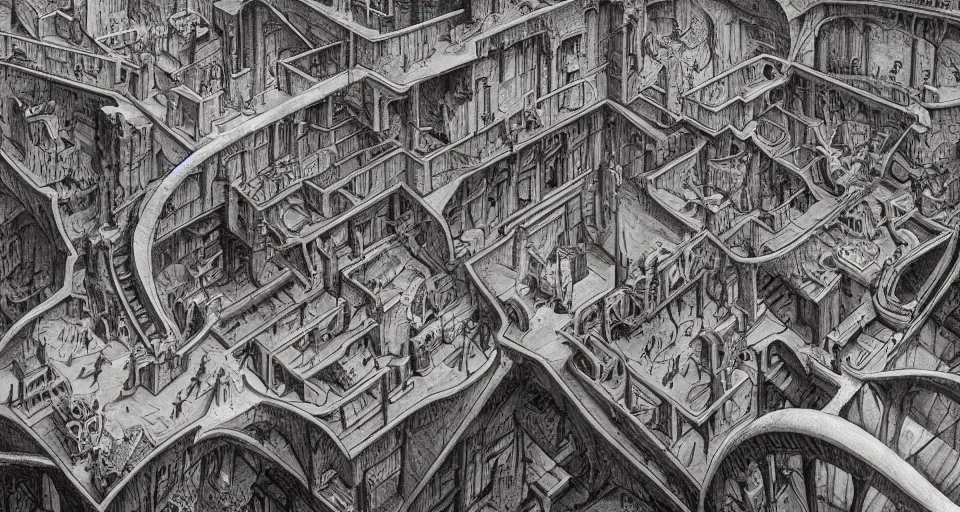 Prompt: the never-ending infinite hellscape, intricate, horrific, hellish, maddening, digital painting, artstation, concept art, smooth, sharp focus, illustration, art by M. C. Escher and H. R. Giger