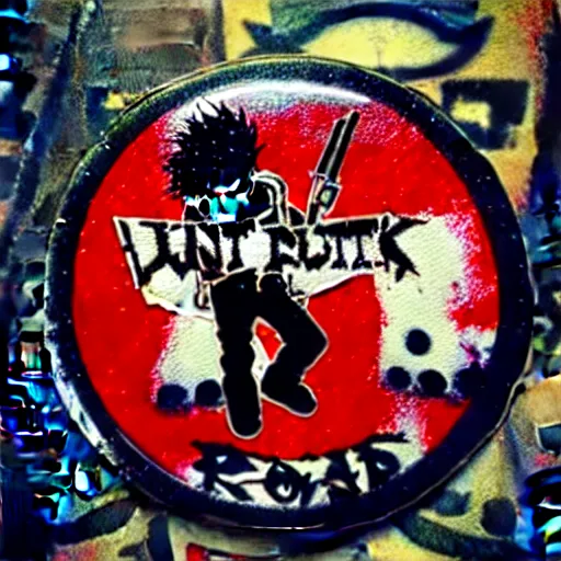 Image similar to painting on a badge, punks not dead!, exploited!!, clash, junk yard, rats!!, god save the queen!!!, punk rock album cover art style, grunge, no future!!!!, glitch effect