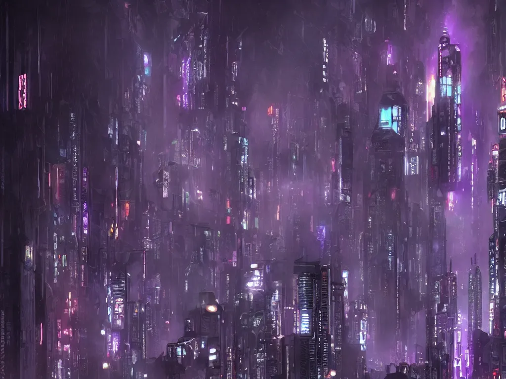 Prompt: blade runner city, high quality, cyberpunk, purple, russian doomer panel houses