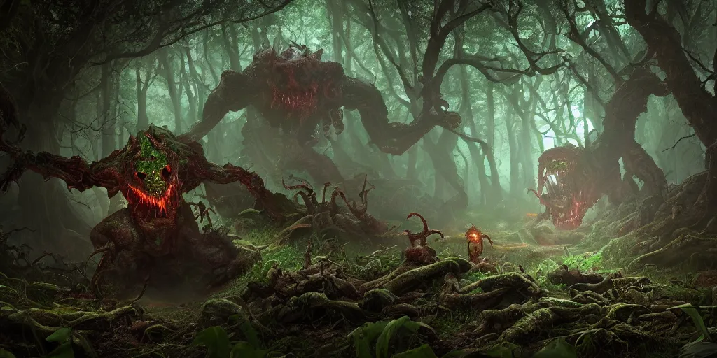 Prompt: doom cacodemon in a dark forest hidden by some trees, realistic 4 k octane beautifully detailed render, 4 k post - processing, highly detailed, intricate complexity, epic composition, magical atmosphere, cinematic lighting, masterpiece, ultra hd