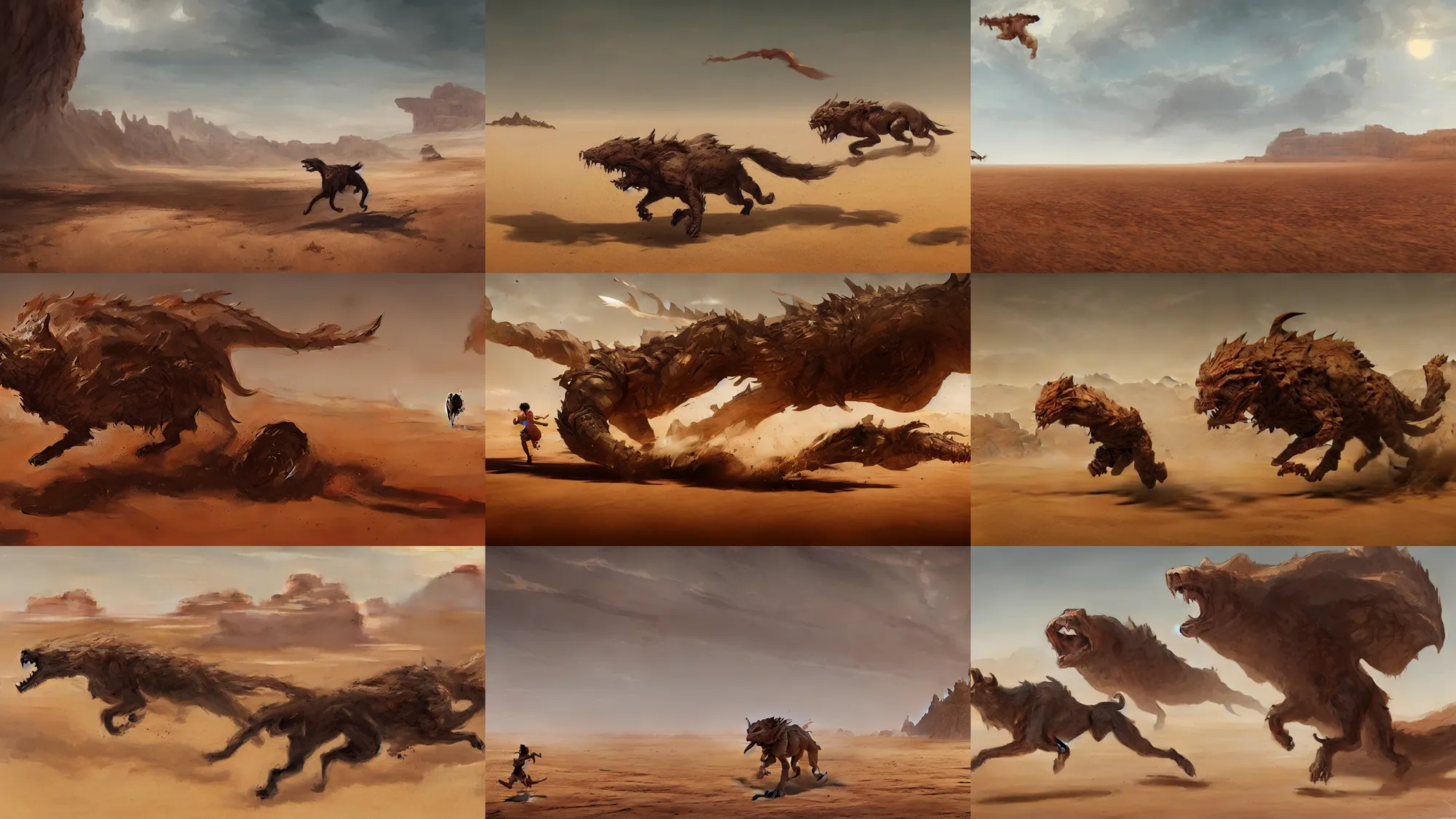 Prompt: pouncing beast running across the open desert, empty desert, sand, karst landscape, wide shot, concept art by greg rutkowski