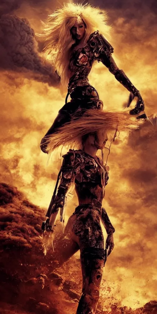 Image similar to volcano eruption post apocalyptic scene with a long haired flowing blonde cyber girl futuristic mars mad max bladerunner stormy weather