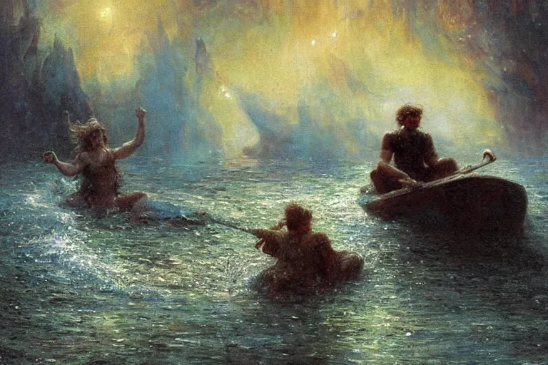 Prompt: illustration of a black river in the astral plane with black oozing arms reaching out of the water. a man on a boat paddles down the river. art by gaston bussiere.