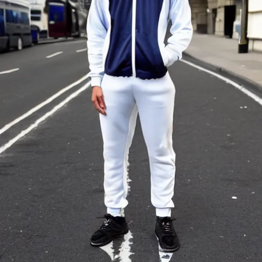 Image similar to skinny mixed race man wearing a tracksuit with trousers that show his pants in london