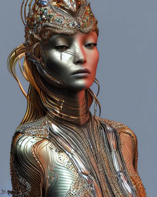 Image similar to a highly detailed metahuman 4 k close up render of an alien goddess bella hadid monument in iris van herpen armor schiaparelli in diamonds crystals swarovski and jewelry iridescent in style of alphonse mucha gustav klimt trending on artstation made in unreal engine 4