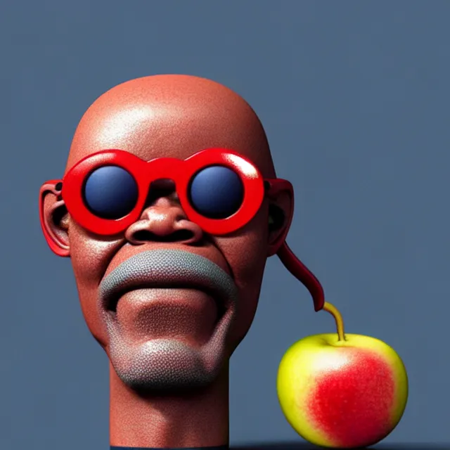 Prompt: cartoon fruit figurine wearing sunglasses that looks just like samuel l jackson morpheus as a fruit, blue or red, by miyazaki hayao, 8 k, fruit eyes, fruit world, beautiful intricate painting, hyper realistic, studio lighting, octane render