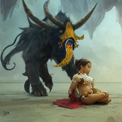 Image similar to Rajang stealing a child, intricate, elegant, sharp focus, illustration, highly detailed, digital painting, concept art, matte, art by WLOP and Artgerm and Greg Rutkowski and Alphonse Mucha, masterpiece