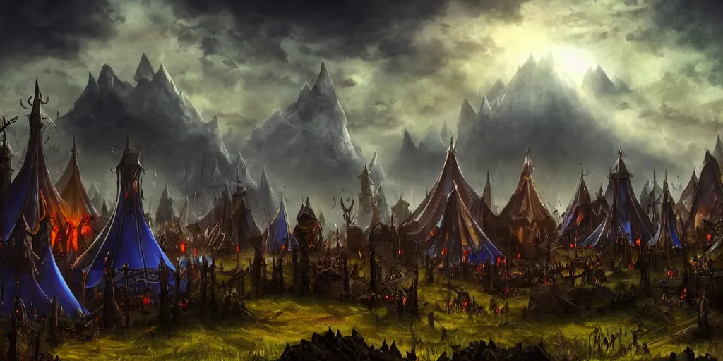 Prompt: a fantasy matte painting of dark evil circus tents silhouetted by an evil dramatic sky, tim burton, world of warcraft, league of legends