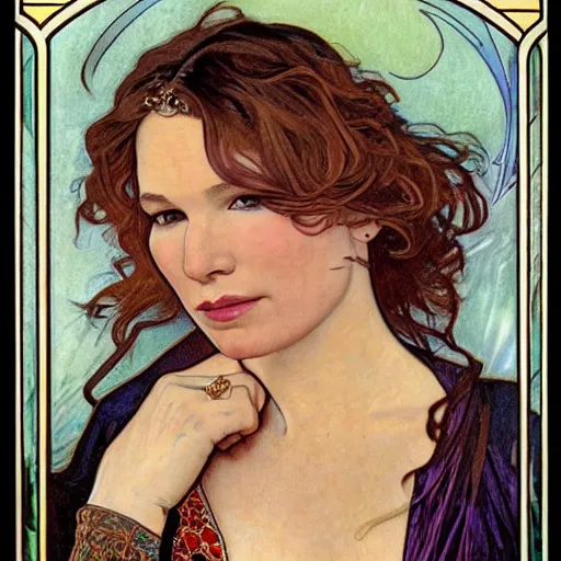 Image similar to renee zellweger portrait by louis - theophile hingre and alphonse mucha, realistic, sharp focus, zodiac signs, tarot cards, planets, ethereal, art nouveau, magic, moon, sun, crown, dreamy, royal, jewellery