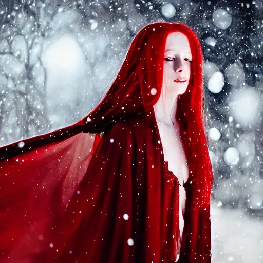 Image similar to winter night, snow, beautiful red haired pale woman wearing bikini top and long cloak, diamond necklace, long hair, symmetric face, single face, full body, photography, octane render, cinematic, 3 0 mm