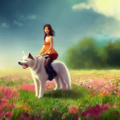 Image similar to girl riding a giant husky in a field of flowers, trending on artstation