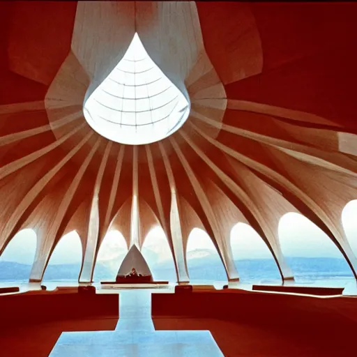 Image similar to interior of a futuristic lotus temple with gold, red and white marble panels, in the desert, by buckminster fuller and syd mead, intricate contemporary architecture, photo journalism, photography, cinematic, national geographic photoshoot