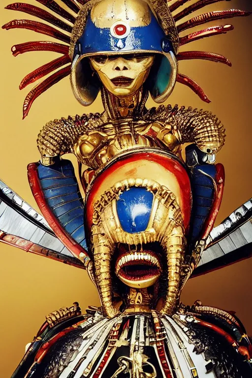 Image similar to kodachrome still symmetry frame from Alien Covenant movie by Takashi Murakami, Count Orlok wearing Polish Winged Hussars armor made with porcelain dressed by Salvatore Ferragamo and by Chanel, haute couture painted by Peter Paul Rubens and by John Baeder by Jean-Michel Basquiat, editorial fashion photography, from vogue magazine