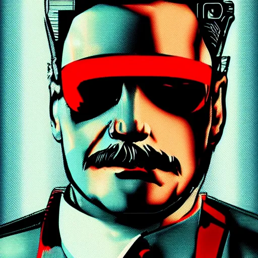 Image similar to cyberpunk joseph stalin as the leader of a futuristic communist society, cybernetics, sharp lines, digital, artstation, colored in