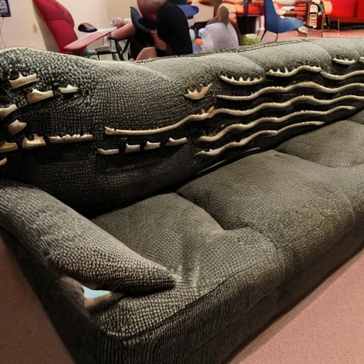 Prompt: a giant sofa with horrific teeth swallowing a person's arm