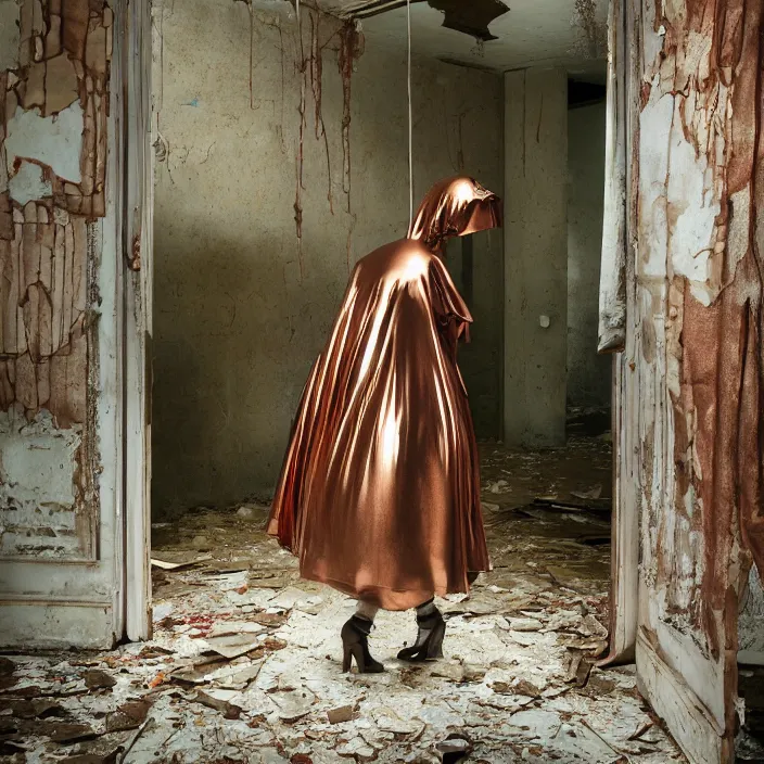 Prompt: closeup portrait of a woman wrapped in copper cellophane, standing in a derelict building interior, color photograph, by gregory crewdson, canon eos c 3 0 0, ƒ 1. 8, 3 5 mm, 8 k, medium - format print