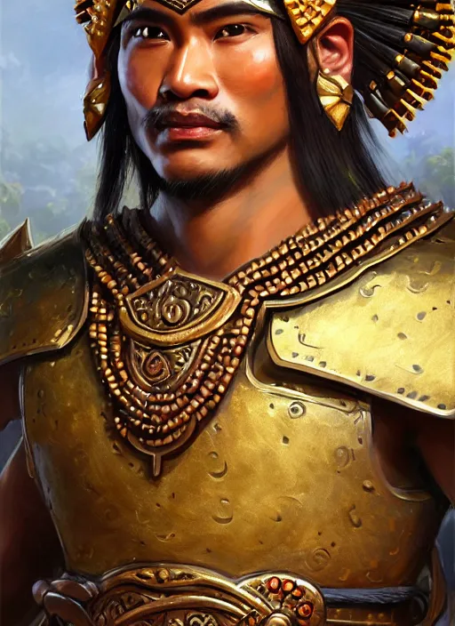 Prompt: smart tai warlord of yodia, closeup portrait, without beard and mustache, historical hero, ethnic group, tai costume, thai traditional bronze headdress, intricate, with leather armor cross on bare chest, elegant, loin cloth, highly detailed, oil painting, artstation, concept art, matte, sharp focus, illustration, hearthstone, art by earl norem