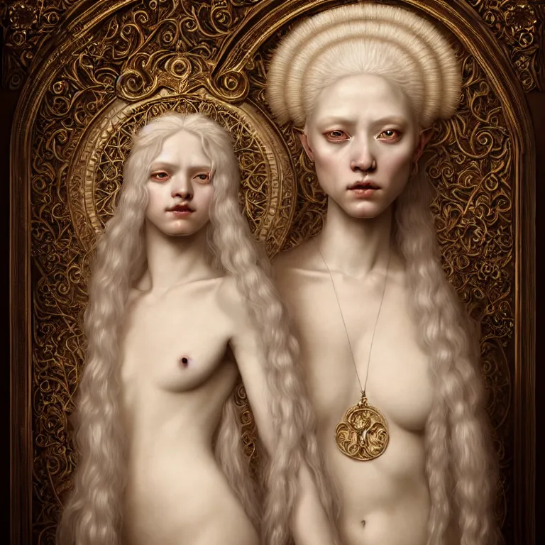 Image similar to renaissance style a wonderful woman albino goddess with a wonderful face and long intricate hair with a beautiful porcelain symmetrical body dressed with a majestic warp ornate semi transparent cream long cotton dress, hightly ornate, intricate, detailed, dramatic light, award winning, octane render, tom bagshaw style