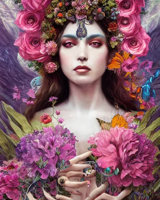 Image similar to portrait of the mexican queen of the underworld, surrounded by flowers by karol bak, james jean, tom bagshaw, rococo, sharp focus, trending on artstation, cinematic lighting, hyper realism, octane render, 8 k, hyper detailed.