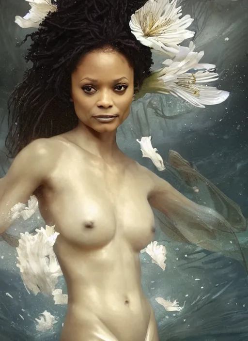 Prompt: dramatic upper body portrait of Thandie Newton as a dark-skinned la sirene Haitian mermaid goddess by Ruan Jia and Mandy Jurgens and Artgerm and william-adolphe bouguereau, underwater, white sheer fabric, white lilies, shells, mirrors, marvel comics, intricate, highly detailed, smooth, artstation, digital illustration by julie bell and Ruan Jia and Mandy Jurgens and Artgerm and William Adolphe Bouguereau and John Collier and Greg Rutkowski and Frank Frazetta