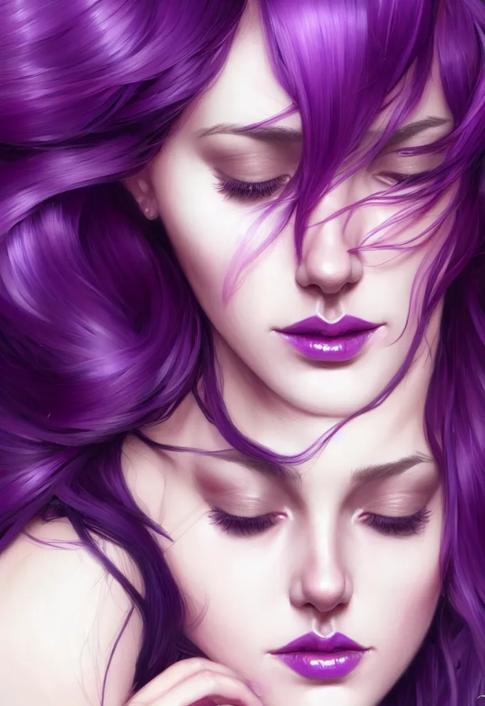 Image similar to Purple hair, creative colouring Portrait of woman face profile, fashion, coloured strands of hair, intricate, elegant, highly detailed, digital painting, artstation, concept art, smooth, sharp focus, illustration, art by artgerm and greg rutkowski and alphonse mucha, 8k