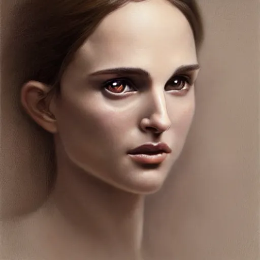 Image similar to beautiful striking Pre-Raphaelite Natalie Portman by Artgerm and Greg Rutkowski, pale, intricate, elegant, highly detailed, digital painting