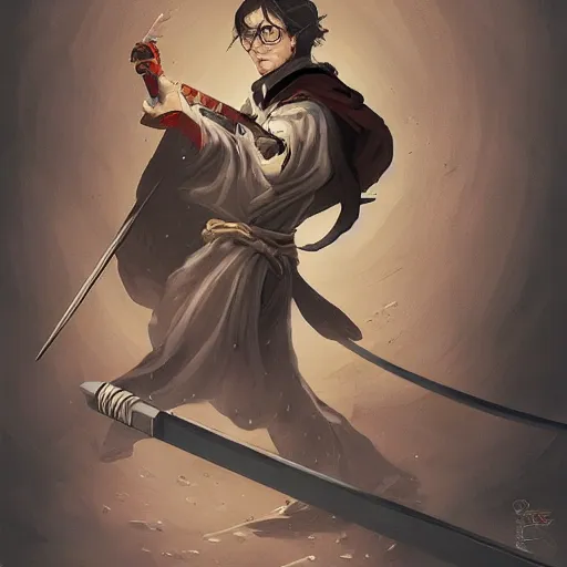 Image similar to harry potter as an samurai, backround dark, highly detailed, digital illustration, trending in artstation, modern painting, smooth, sharp focus, intricate, by peter mohrbacher